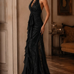 Vivienne | Lace Halter Ruffle Maxi Dress