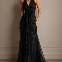 Vivienne | Lace Halter Ruffle Maxi Dress