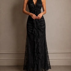 Vivienne | Lace Halter Ruffle Maxi Dress