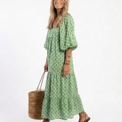 Apolline | Three Quarter Sleeve V Neck Patterned Midi Dress
