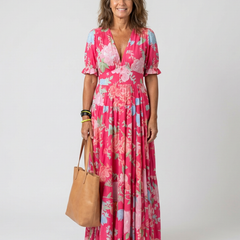 Ione | Short Sleeve V Neck Floral Midi Dress