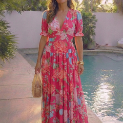 Ione | Short Sleeve V Neck Floral Midi Dress