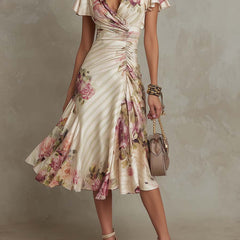 Alba | Elegant Floral Ruched Wrap Midi Dress