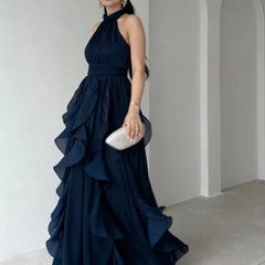 Orea™ High Neck Gathered Ruffle Layers Maxi Dress