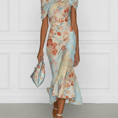 Vittoria - Midi Mermaid Dress Without Sleeves with Off-Shoulder and Blue Floral Pattern