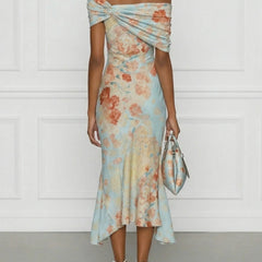 Vittoria - Midi Mermaid Dress Without Sleeves with Off-Shoulder and Blue Floral Pattern