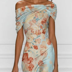 Vittoria - Midi Mermaid Dress Without Sleeves with Off-Shoulder and Blue Floral Pattern