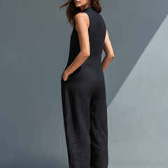 Sleeveless Jumpsuit for Women with High Collar and Buttons