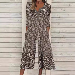 Hazel™ | Leaf Print V-Neck Jumpsuit with Short Sleeves and Wide Legs