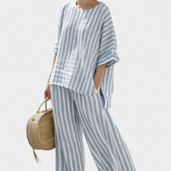 Federica - Blue Striped Linen Trouser Set