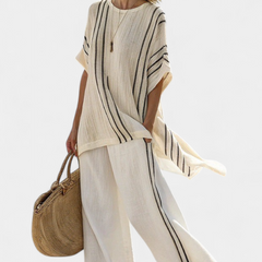 Raffaella - Ivory Linen Striped Trouser Set