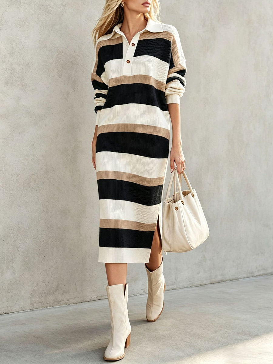 Polo-Collar Striped Colourblock Midi Sweater Dress