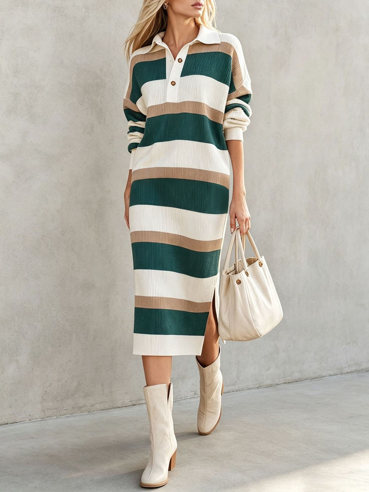 Polo-Collar Striped Colourblock Midi Sweater Dress