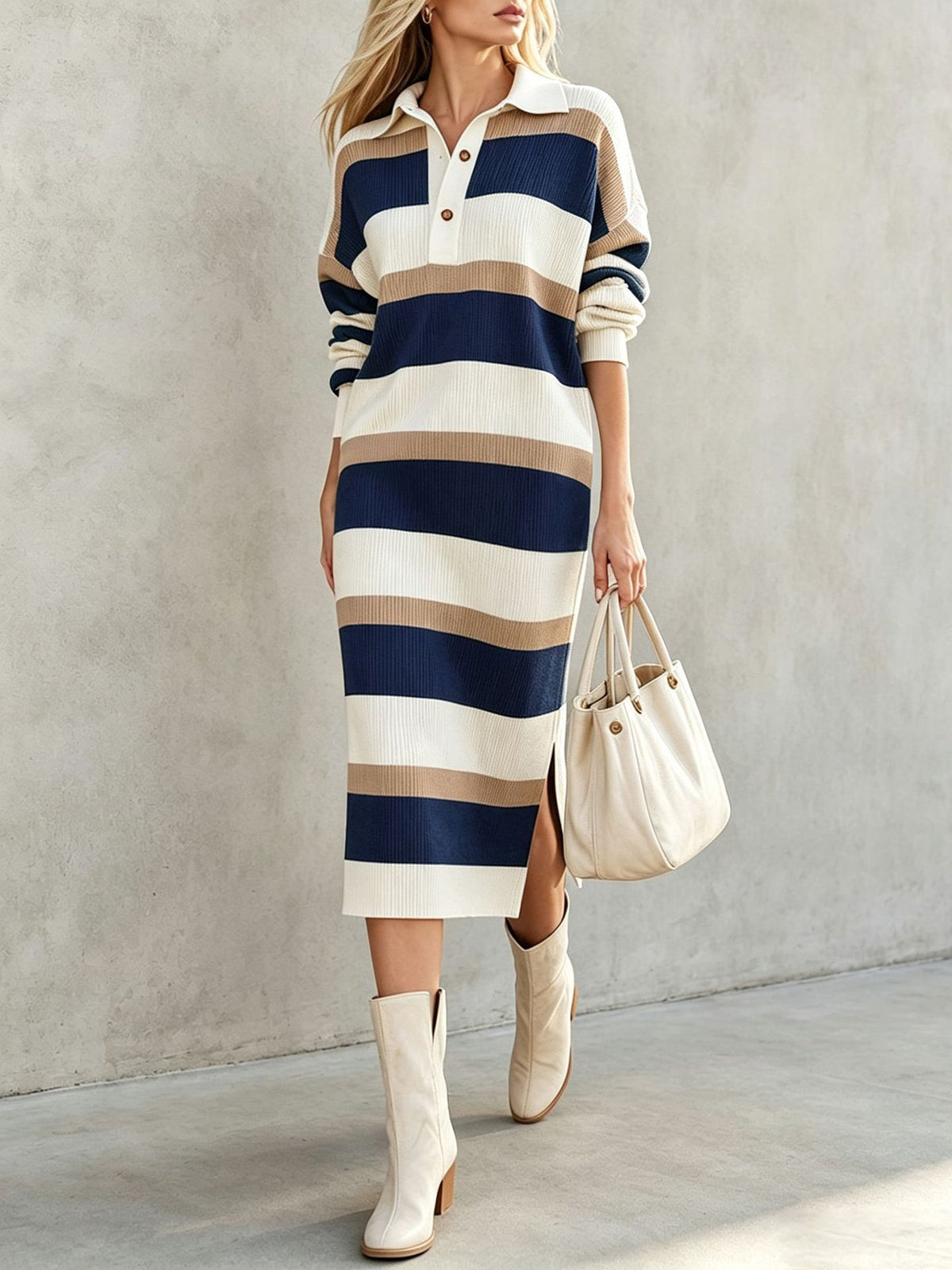 Polo-Collar Striped Colourblock Midi Sweater Dress