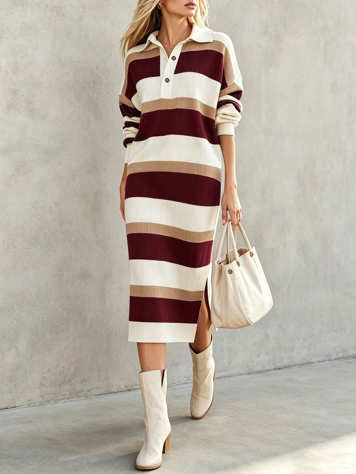 Polo-Collar Striped Colourblock Midi Sweater Dress