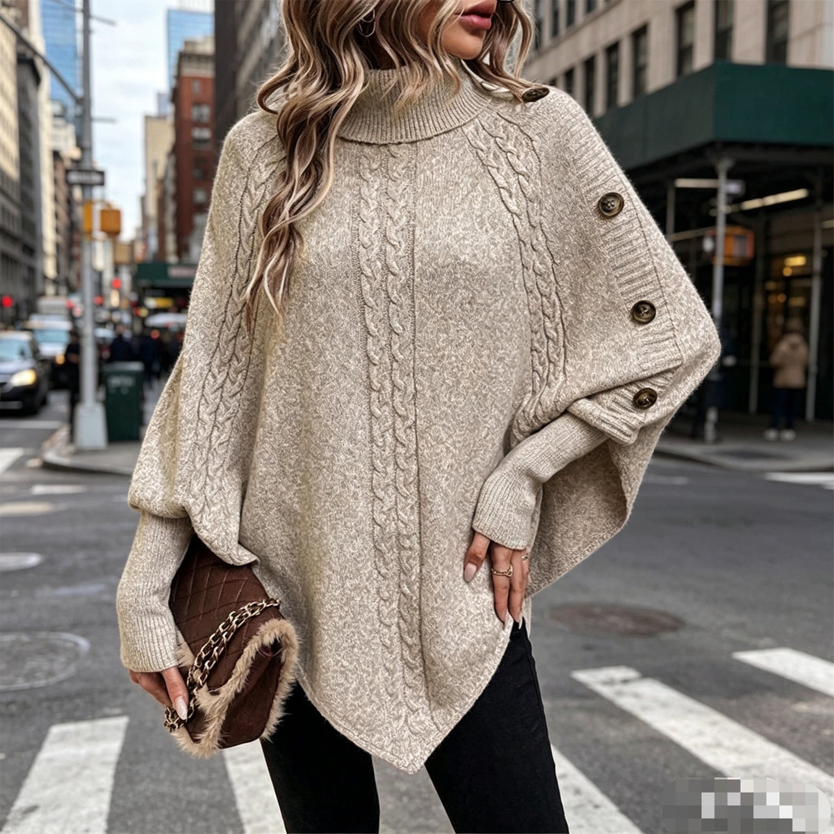 Cable-Knit Batwing Turtleneck Poncho Sweater