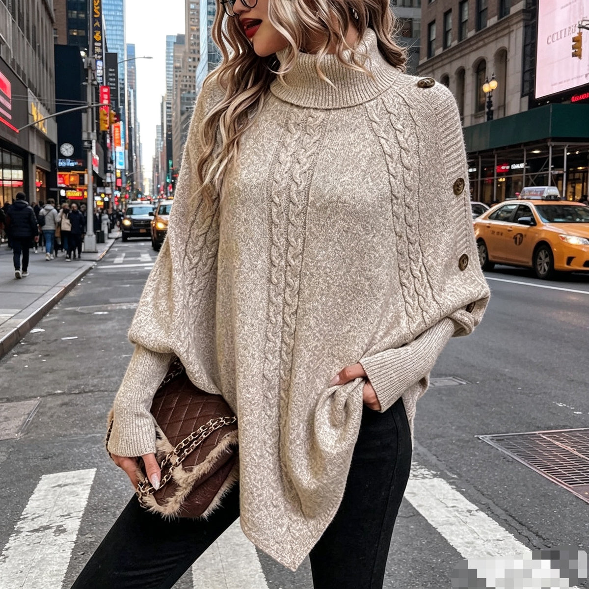 Cable-Knit Batwing Turtleneck Poncho Sweater