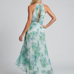 Portia™ Pleated Halter Soft Floral Pattern Midi Dress