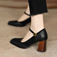 Constance | Women's Square Toe Block Heel Pumps Ankle Strap Brogue