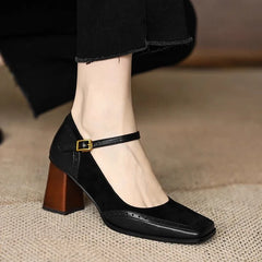 Constance | Women's Square Toe Block Heel Pumps Ankle Strap Brogue