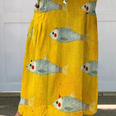 Women's Vintage Fish Art Print Linen Pocket Skirt