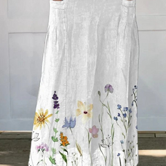 Watercolor Spring Meadows Art Printed Women's Linen Elastic waistband Pocket Skirt