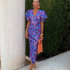 Loren | Vibrant Midi Dress with Puff Sleeves