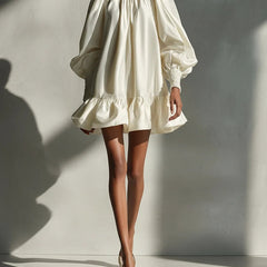 Beige Satin Puff Sleeve Ruffle Mini Dress