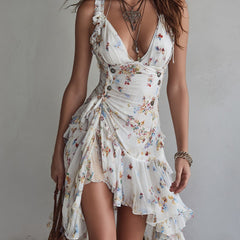 Retro Floral V-Neck Spaghetti Strap Mini Dress