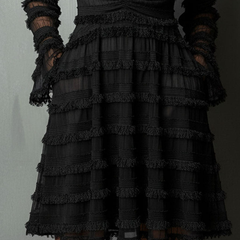 Black Fringe Textured Sheer Layered Mini Dress