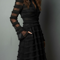 Black Fringe Textured Sheer Layered Mini Dress