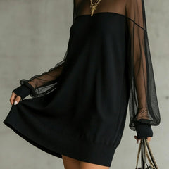 Black Sheer Mesh Sleeve High‑Neck Mini Dress