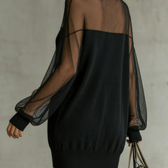 Black Sheer Mesh Sleeve High‑Neck Mini Dress
