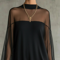 Black Sheer Mesh Sleeve High‑Neck Mini Dress