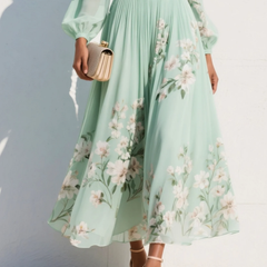 Maxi Pleated Chiffon Dress in Mint Green with Floral Print for Women