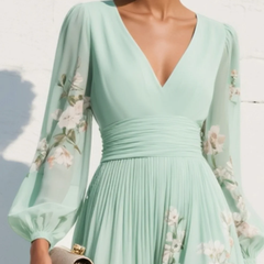 Maxi Pleated Chiffon Dress in Mint Green with Floral Print for Women