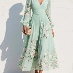 Maxi Pleated Chiffon Dress in Mint Green with Floral Print for Women