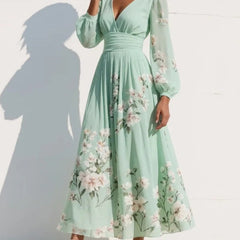 Maxi Pleated Chiffon Dress in Mint Green with Floral Print for Women