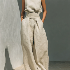 Aurora | Relaxed Beige Sleeveless Wide-Leg Co-Ord Set