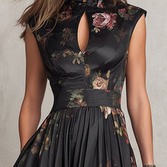 Violetta - Black Midi Dress in Pleated Satin with Floral Pattern and Keyhole Neckline