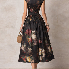 Violetta - Black Midi Dress in Pleated Satin with Floral Pattern and Keyhole Neckline