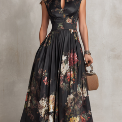 Violetta - Black Midi Dress in Pleated Satin with Floral Pattern and Keyhole Neckline