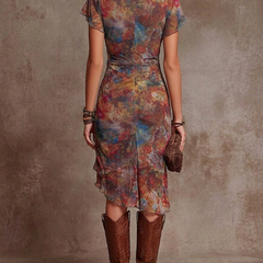 Martina - Midi Pleated Dress with V-Neck, Abstract Art Print in Bohemian Style