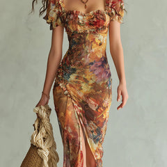Viola | Long orange chiffon dress with bohemian-style oil painting print
