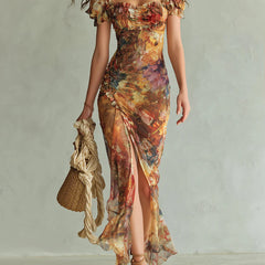 Viola | Long orange chiffon dress with bohemian-style oil painting print