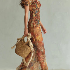Viola | Long orange chiffon dress with bohemian-style oil painting print