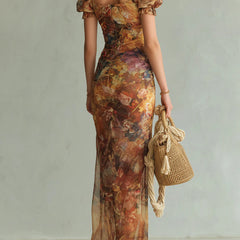 Viola | Long orange chiffon dress with bohemian-style oil painting print