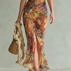 Viola | Long orange chiffon dress with bohemian-style oil painting print