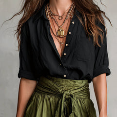 SAGE | Two-Piece Set: Black Top and Olive Green Midi Skirt