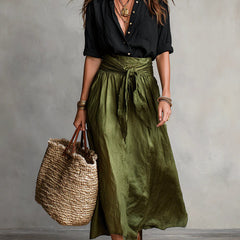 SAGE | Two-Piece Set: Black Top and Olive Green Midi Skirt